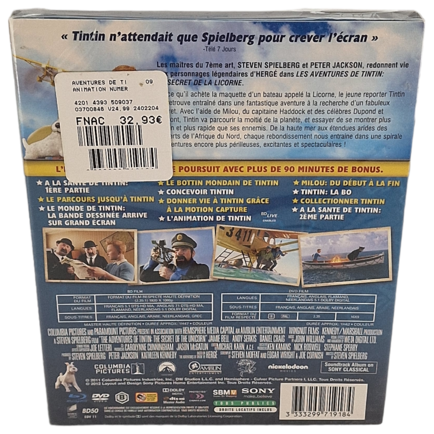 Les Aventures de Tintin: Le Secret de la Licorne / Blu-ray + DVD 2012 Region B  VF  Neuf