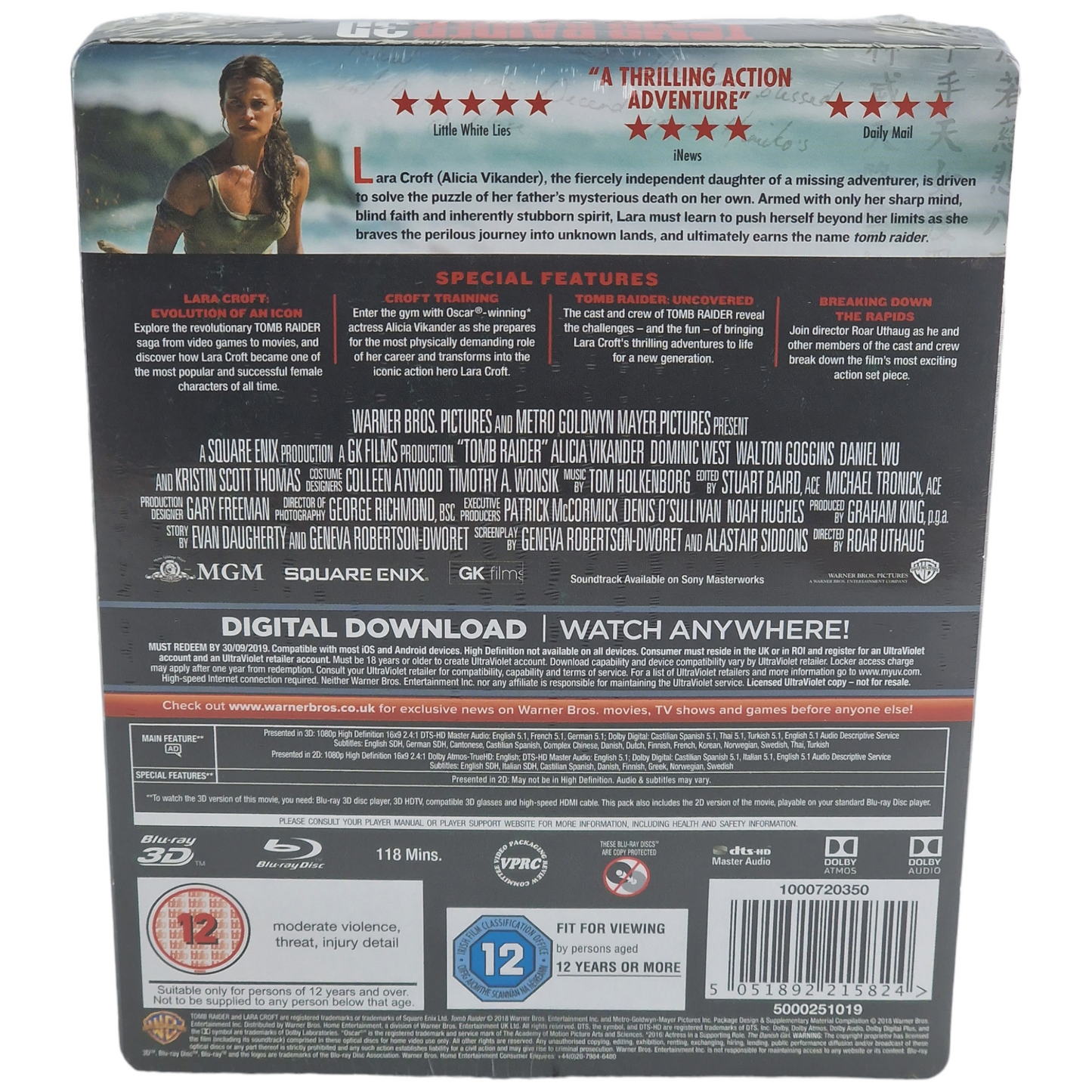 Tomb Raider  Blu-ray 3D + Blu-ray  SteelBook  Alicia Vikander 2018 Region Libre