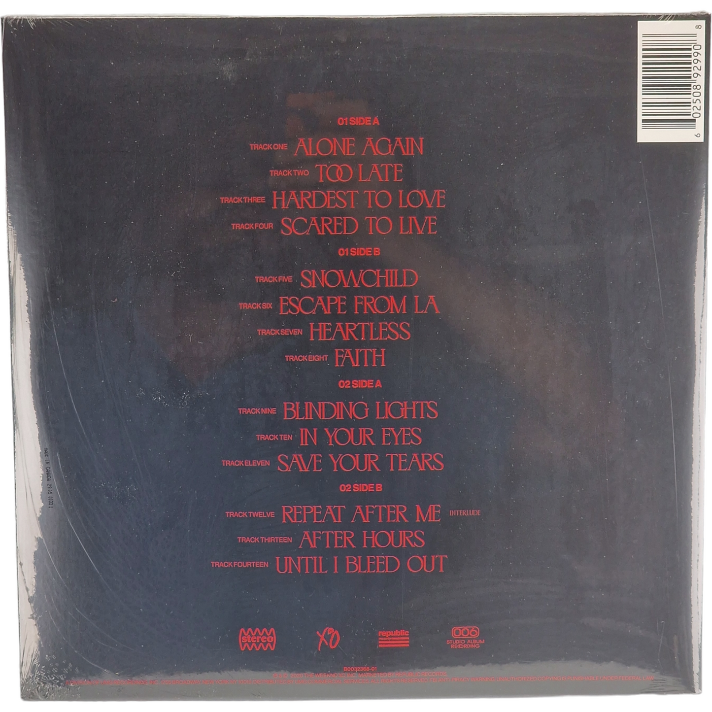 The Weeknd – After Hours 2 x LP Transparent  éclaboussures rouges sang Limitée