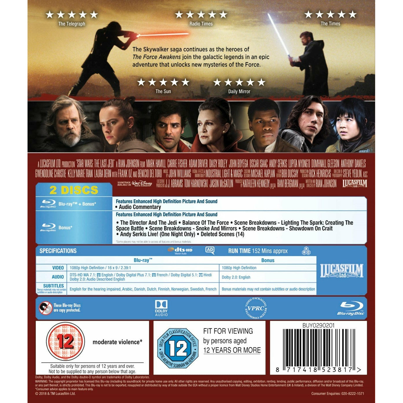 Star Wars: The Last (Jedi Episode VIII) Blu-ray [UK Import]  Sans région