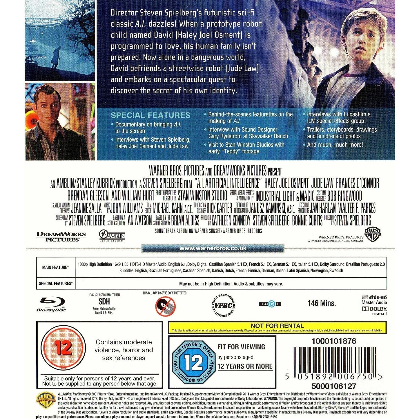 A.I.Intelligence Artificielle Blu-ray VF [UK Import]  Sans région(Artificial Intelligence)