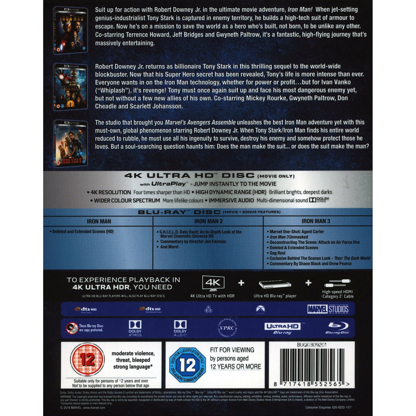 Iron Man :4K Ultra HD Blu-ray Collection 3 films en   [UK Import] Région libre