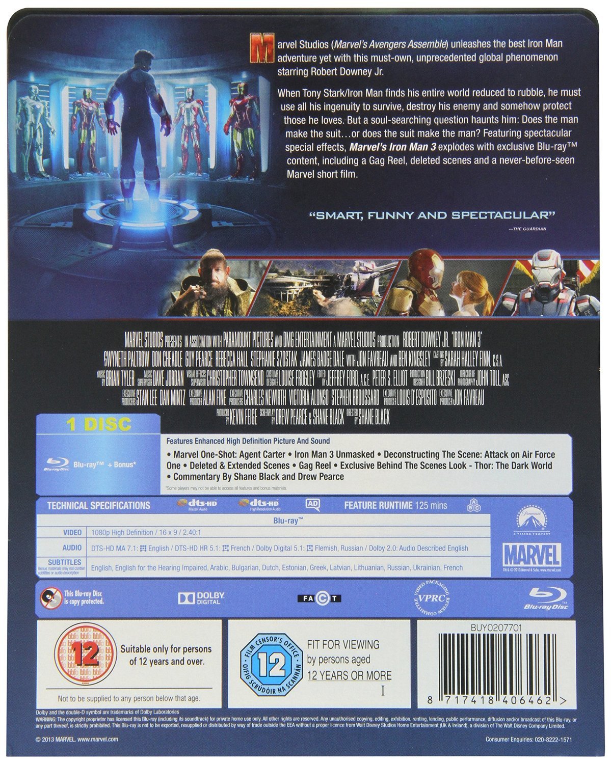 Iron Man 3 Blu-ray SteelBook Exclusif Zavvi Edition limitée  2013 Région Libre