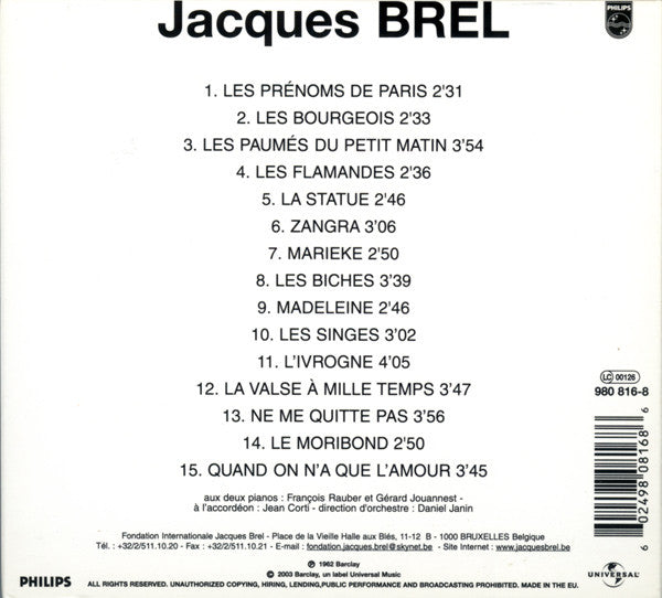 Jacques Brel – Enregistrement Public A L'Olympia 1961  CD , Album